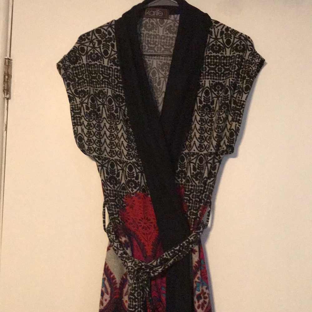 Sweater dress. Wrap with tie at waist.